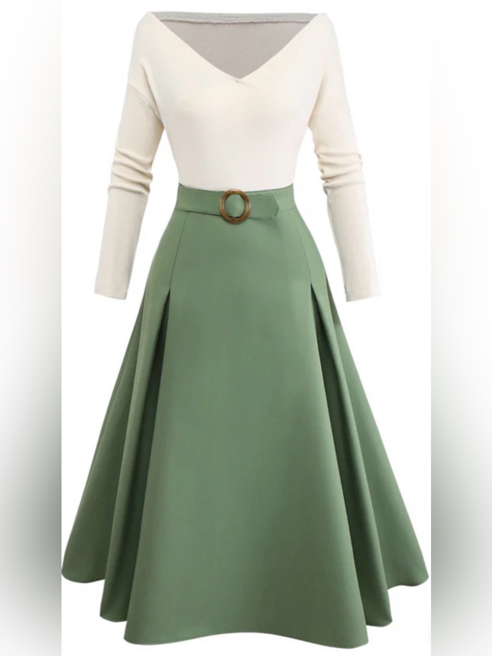 NWT ⭐️💚🤍💛 GORGEOUS BEIGE & GREEN 1950S KNIT OFF-SHOULDER PLEATED DRESS 👗 M/L